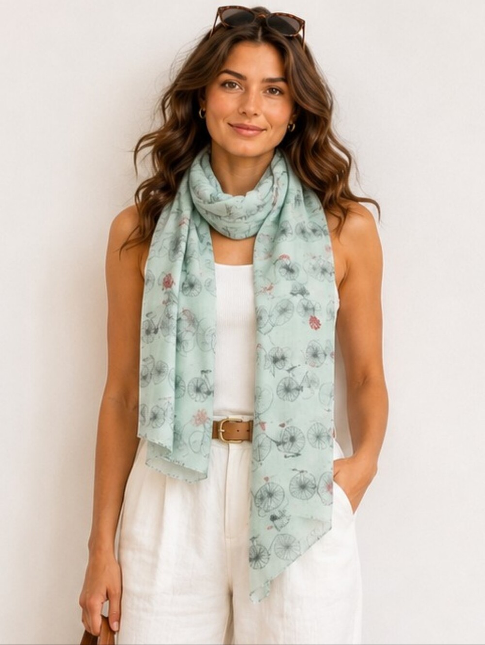 Mint Green Bicycle Print Lightweight Fashion Scarf Wrap